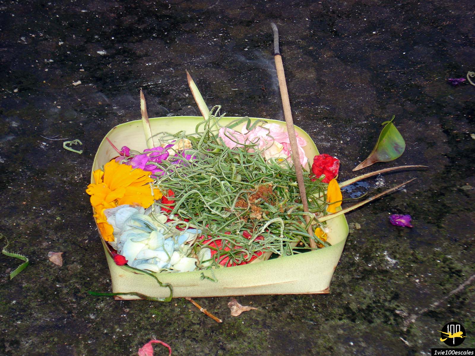 Une offrande posée sur un trottoir d'une rue de Kuta à Bali