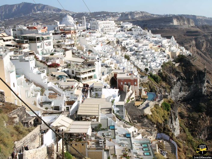Une ville côtière densément bâtie avec des bâtiments blancs à flanc de colline, surplombant la mer à Santorin en Grèce. Quelques piscines et zones peu végétalisées sont visibles parmi les structures.