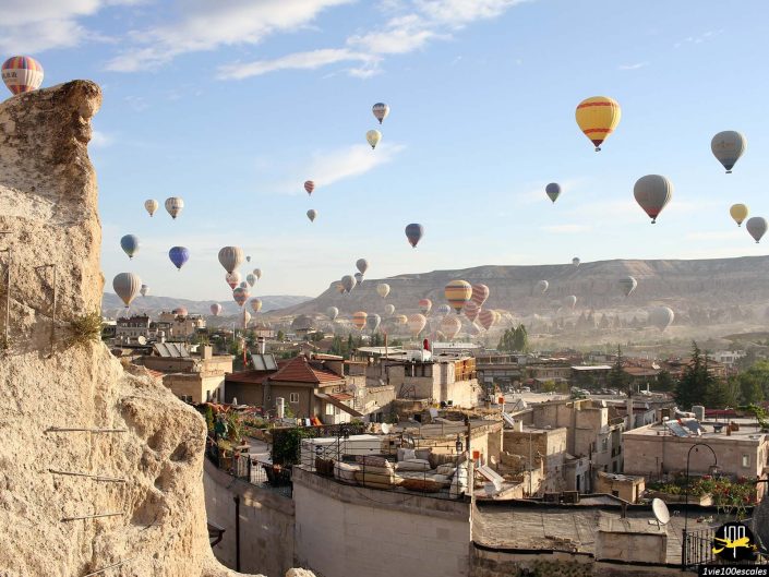 Des montgolfières de différentes couleurs et motifs flottent au-dessus d’une ville pittoresque sur fond de collines rocheuses et d’un ciel partiellement nuageux. Le premier plan montre des bâtiments et des toits en pierre, capturant le paysage enchanteur de Cappadoce en Turquie.