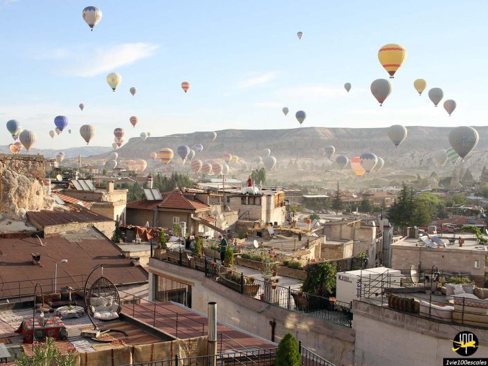 De nombreuses montgolfières colorées survolent une ville pittoresque de Cappadoce en Turquie, avec un paysage vallonné et rocheux en arrière-plan. Les toits et les bâtiments sont visibles au premier plan.