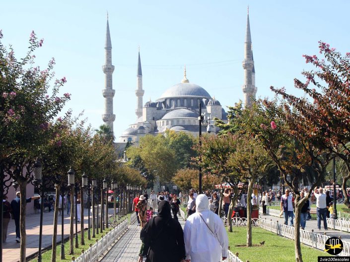 Les touristes marchent le long d'un chemin bordé d'arbres en direction d'une grande mosquée avec six minarets et un dôme central par une journée claire et ensoleillée à Istanbul en Turquie.