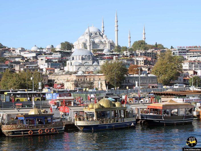 Vue de la mosquée Suleymaniye à Istanbul en Turquie, avec des bateaux amarrés le long du front de mer au premier plan et un paysage urbain de bâtiments et d'arbres en arrière-plan.