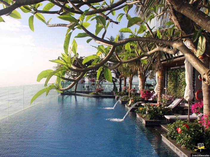 Une piscine à débordement à Da Nang au Vietnam, entourée de verdure luxuriante, de fleurs et de chaises longues, avec une barrière de verre transparente offrant une vue sur un ciel lumineux et un horizon lointain.