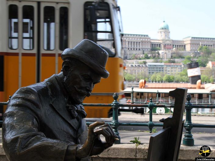 Une statue en bronze d'un peintre sur un chevalet est au premier plan avec un tramway jaune et un bâtiment historique en arrière-plan, à Budapest en Hongrie.