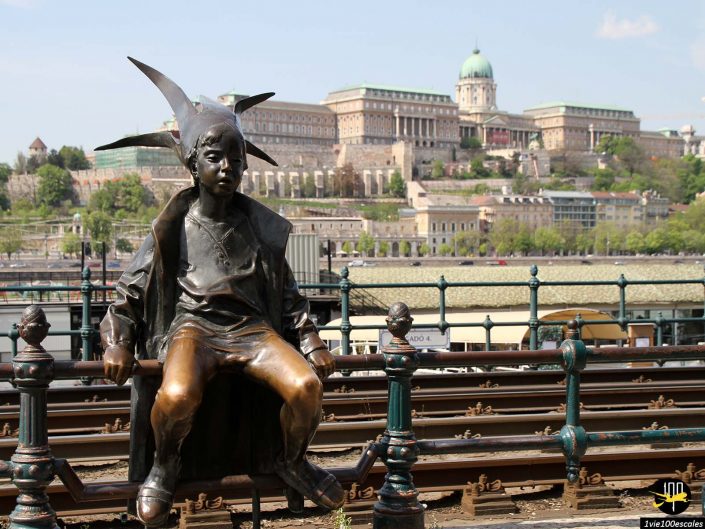 Statue en bronze d'un enfant portant un chapeau de bouffon, assis sur une rampe, avec le château de Buda et d'autres bâtiments historiques visibles en arrière-plan à Budapest en Hongrie.