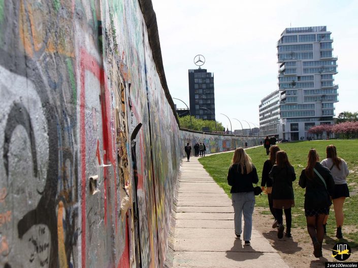 Les gens marchent le long du mur de Berlin orné de graffitis, avec des bâtiments modernes en arrière-plan, à Berlin en Allemagne.