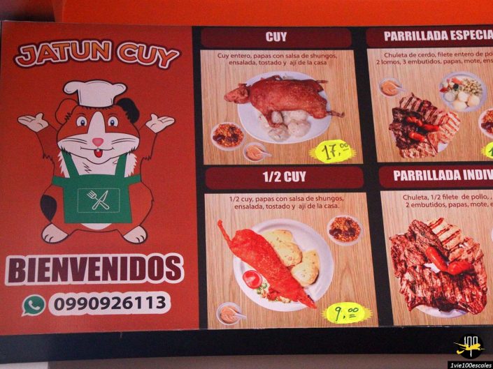 Le menu d'un restaurant à Ibarra en Équateur présente un chef de dessin animé, un cochon d'Inde, ainsi que des options de repas comprenant un cochon d'Inde entier rôti, un demi-cochon d'Inde avec accompagnements et des plateaux individuels de viande grillée. Les prix sont indiqués pour chaque plat.