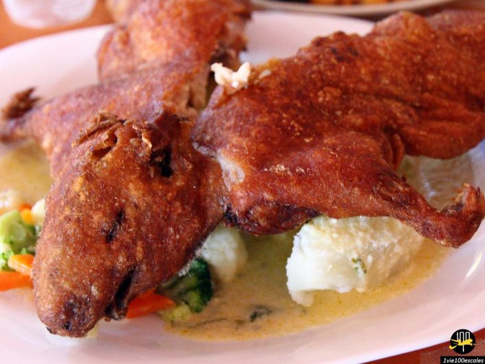 Un cochon d'Inde frit servi sur une assiette blanche avec des légumes et de la sauce, comme on le prépare à Ibarra en Équateur.