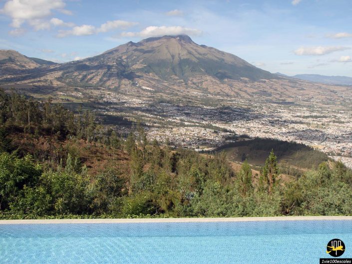 Une vue sur un paysage montagneux avec une piscine à débordement bleue et claire au premier plan surplombe Ibarra en Équateur, mettant en valeur une vallée densément bâtie avec des espaces verts dispersés et une grande montagne dominant l'arrière-plan.