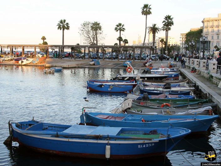 Une rangée de bateaux colorés est amarrée sur une jetée au bord de l'eau bordée de palmiers à Bari en Italie. L’arrière-plan présente une passerelle avec des gens et une petite zone portuaire.