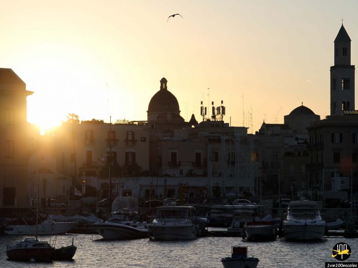 Vue du coucher de soleil sur une marina avec plusieurs bateaux amarrés. Le soleil se couche derrière les bâtiments et un grand dôme en arrière-plan. Un oiseau vole dans le ciel à Bari en Italie.