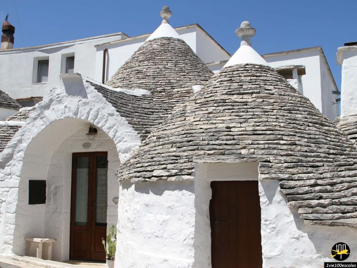 Image de maisons Trulli traditionnelles aux toits coniques en pierre et aux murs blanchis à la chaux sous un ciel bleu clair à Alberobello en Italie.