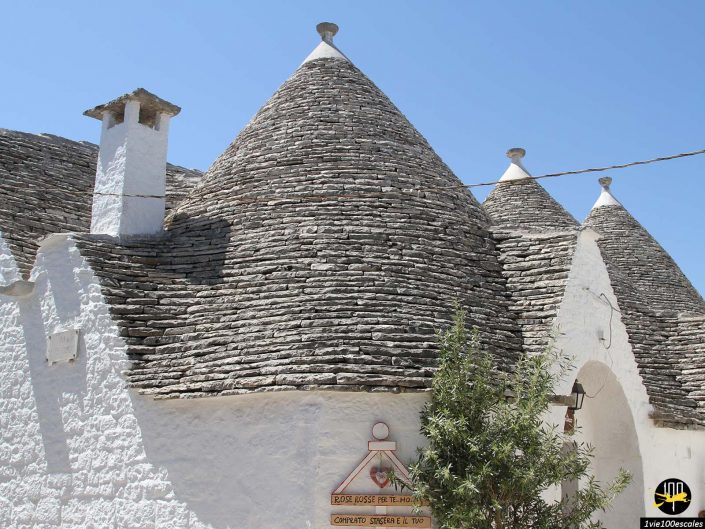 Bâtiments trulli traditionnels aux toits coniques en pierre sur fond de ciel bleu clair, avec des murs en pierre blanchis à la chaux et un petit arbre au premier plan, à Alberobello en Italie.