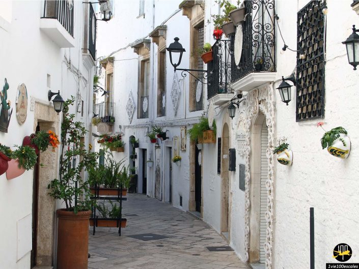 Une rue pavée étroite à Locorotondo en Italie est bordée de bâtiments blancs, de balcons en fer forgé, de plantes en pot et de fleurs. Des lanternes traditionnelles et des éléments décoratifs ornent les bâtiments.