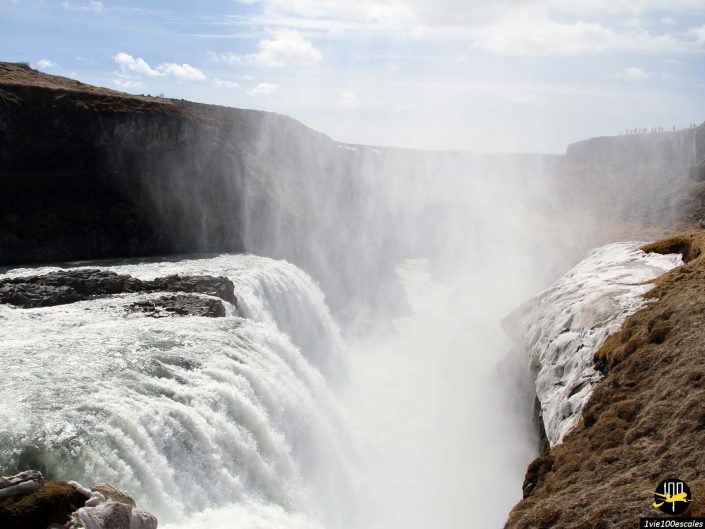 Une puissante cascade se jette dans un canyon brumeux sous un ciel partiellement nuageux, avec un terrain accidenté des deux côtés et une végétation clairsemée visible sur le côté droit. Cette scène naturelle époustouflante se trouve en Islande.