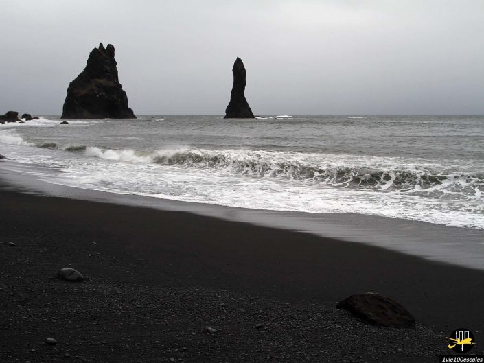 Deux piles de mer rocheuses s'élèvent de l'océan près d'une plage de sable sombre à Islande sous un ciel nuageux, avec de douces vagues qui s'échouent sur le rivage.