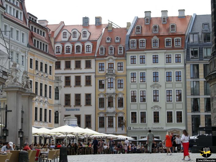 Place extérieure avec des gens marchant et assis à des tables de café. Des bâtiments historiques aux toits rouges et aux nombreuses fenêtres bordent l’arrière-plan. Certains bâtiments affichent des panneaux en allemand, à Dresde en Allemagne.